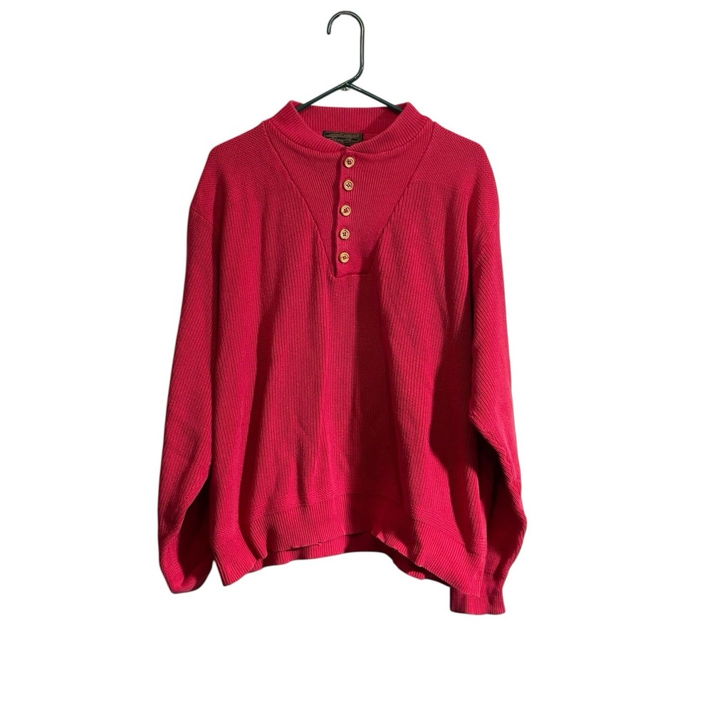 Eddie Bauer Sweater Mens XL Red Chunky Ribbed Fisherman Knit Henley 90s